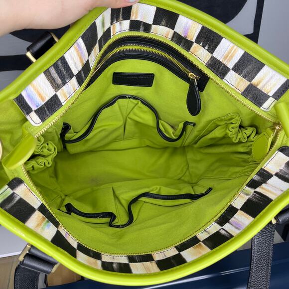 MacKenzie Childs Courtly Check Chartreuse Black Leather Diaper Bag Tote - Picture 7 of 9